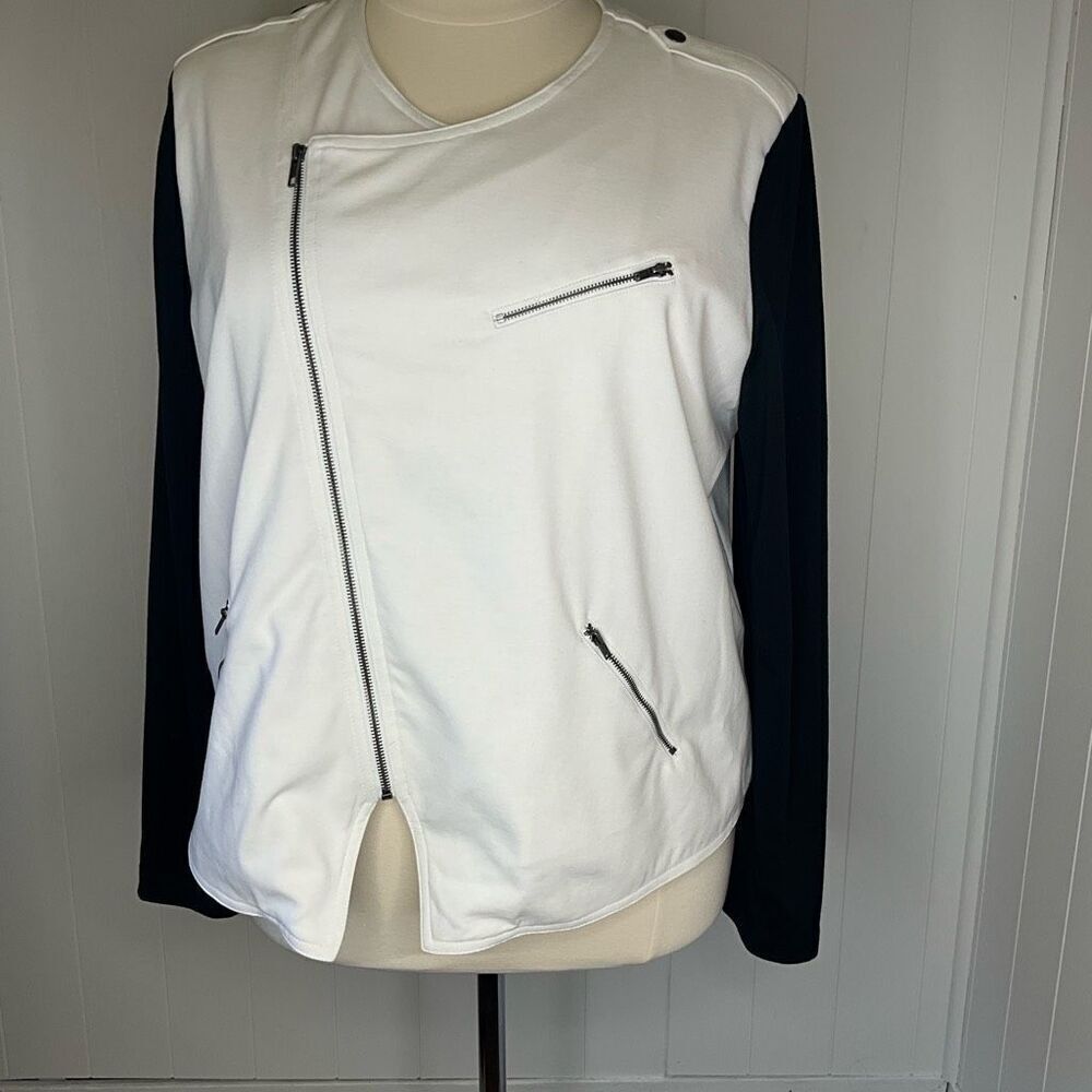 Mossimo Womens Size 4 Asymmetrical Zip Front Top Black White Long Sleeve Stretch